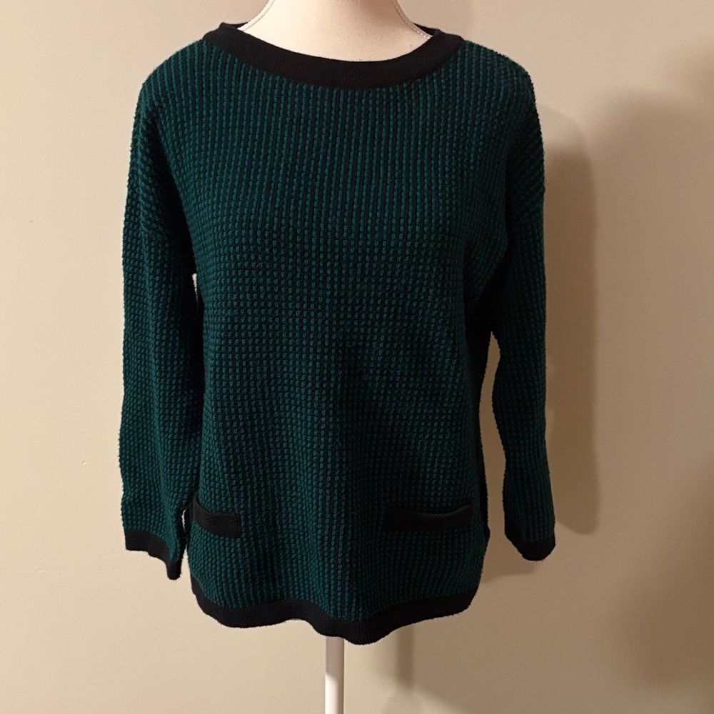 Talbots Green and Black Wool Blend Textured Knit Sweater. Size Medium